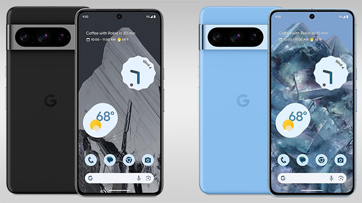 Pixel 8 Pro in black and blue (front and back shots of each) on a gray gradient background.
