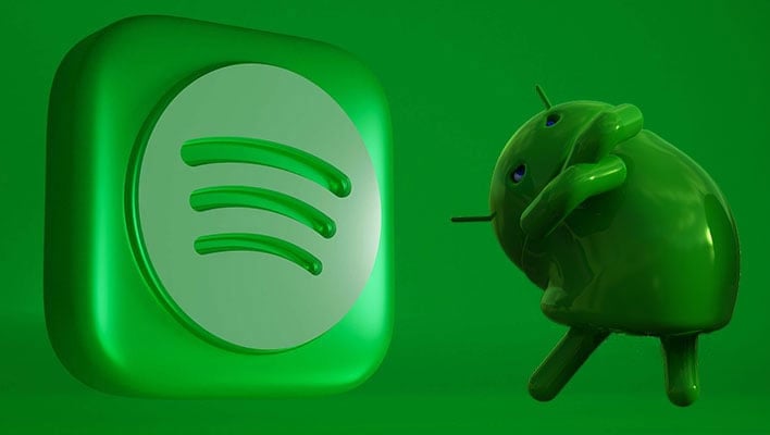 Spotify logo next to an Android logo on a green background.
