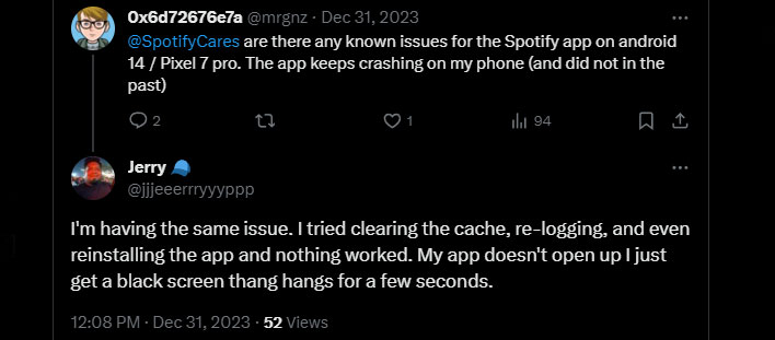 X/Twitter post and response about Spotify's beta app crashing on Android devices.
