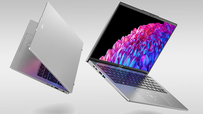 Front and back views of Acer's Swift Go 14 laptop on a gray gradient background.