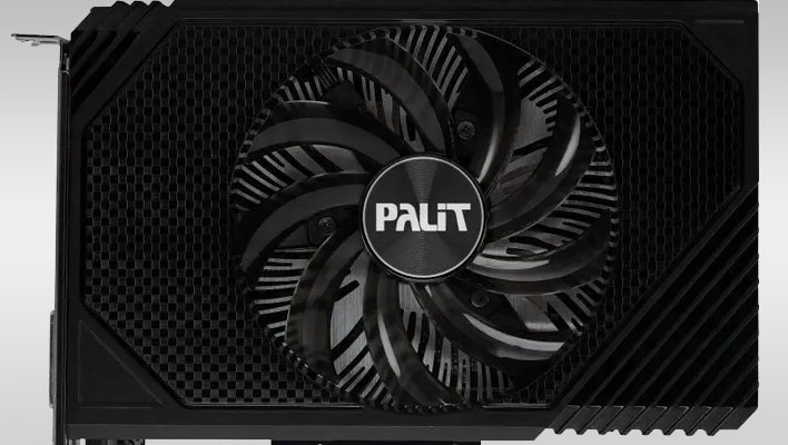 Palit GeForce RTX 3050 6GB graphics card with a single fan, on a gray gradient background.