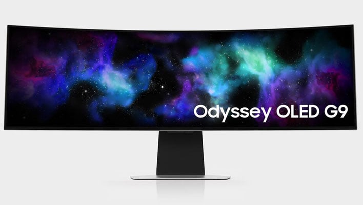 Samsung Odyssey OLED G9 gaming monitor in a light gray background.