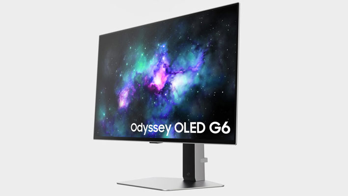 Angled view of Samsung's Odyssey OLED G6 gaming monitor on a light gray background.