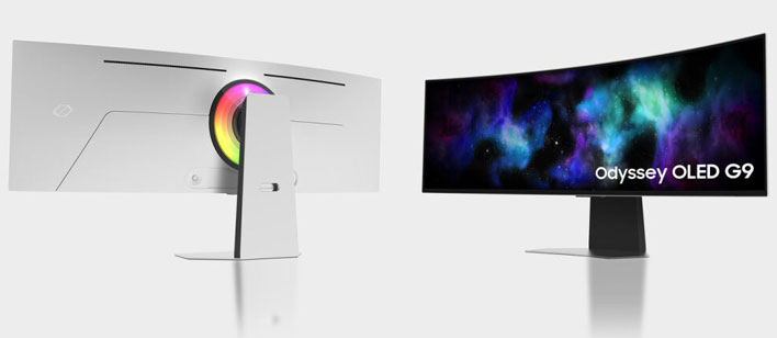 Front and back views of Samsung Odyssey OLED G9 gaming monitor on a light gray background.