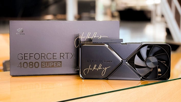 GeForce RTX 4080 Super card and box, both authographed by NVIDIA CEO Jensen Huang.