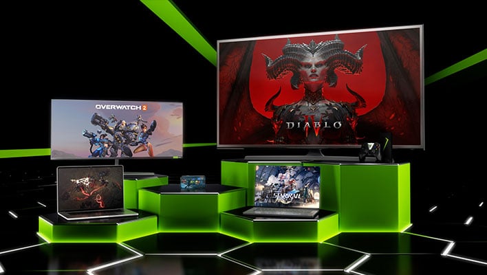 GeForce NOW graphic showing games on multiple devices, including a TV, laptops, and smartphone.