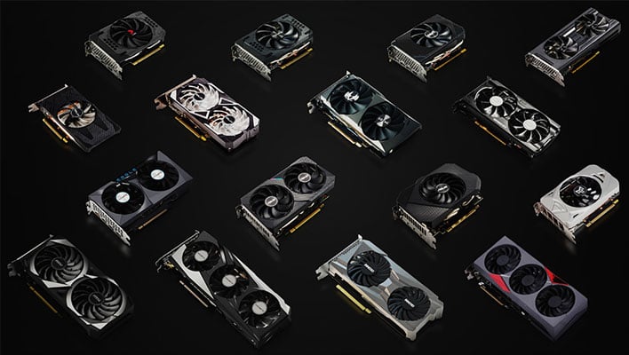 A bunch of GeForce RTX 3050 8GB graphics cards on a black background.
