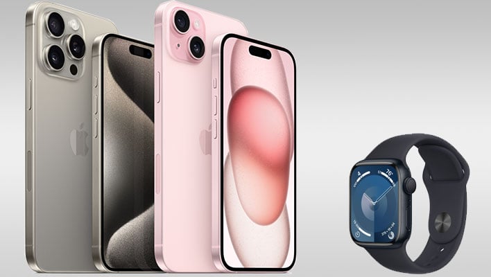 Apple Watch and several iPhones on a gray gradient background.