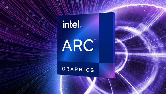 Intel Arc graphics logo in front of an optical light background.