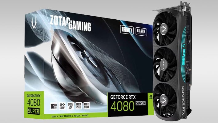 Zotac's GeForce RTX 4080 Super card and box (renders) on a gray gradient background.