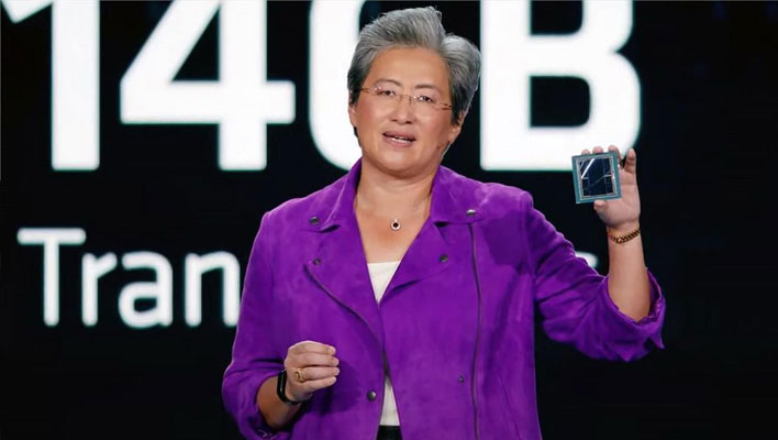 AMD CEO Dr. Lisa Su holding an Instinct MI300 accelerator chip.