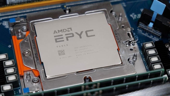 Angled closeup view of an AMD EPYC processor installed in a motherboard.