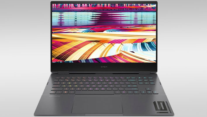 HP Omen 16 laptop on a gray gradient background.