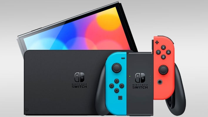 Nintendo Switch console on a gray gradient background.