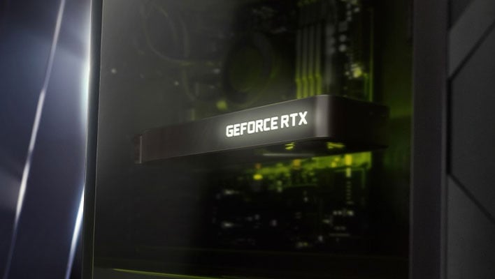 Render of a GeForce RTX graphics card installed in a PC.
