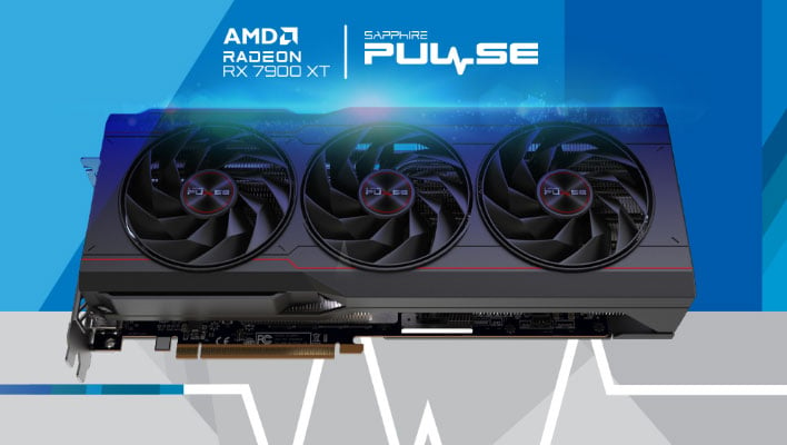 Sapphire Radeon RX 7900 XT on a blue and gray background with a pulse line underneath.