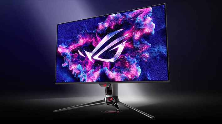 Angled view of ASUS ROG's Swift OLED PG32UCDM monitor.