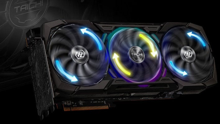 Render of an ASRock graphics card with three RGB cooling fans.