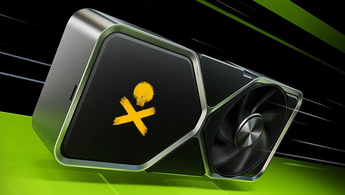 GeForce RTX graphics card with a Skull and Bones logo on the shroud, on a green and black background.