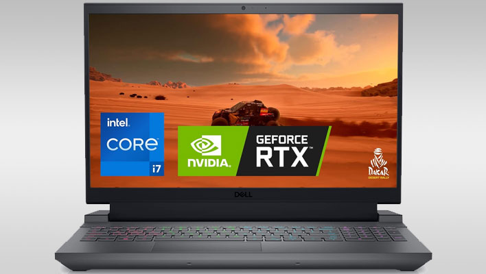 Dell G15 5530 gaming laptop on a gray gradient background.