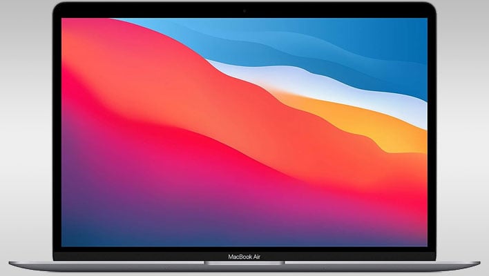 Apple MacBook Air on a gray gradient background.