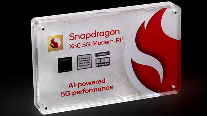 Qualcomm Snapdragon X80 5G Modem-RF chip case on a black background. 