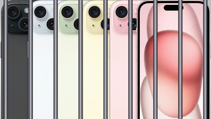 Several iPhone X models (renders) behind jail bars.