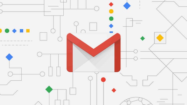 Gmail logo on a background with lines and shapes.