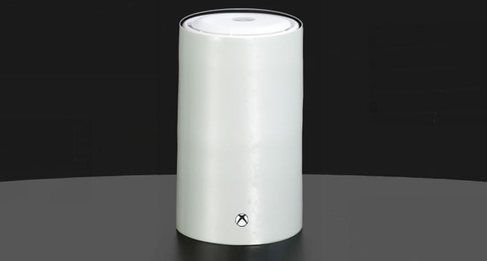 White, cylinder-shaped Xbox console on a black and gray background.