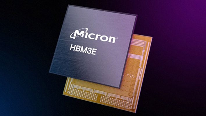 Front and back renders of Micron's HBM3e memory chips on a dark blue gradient background.