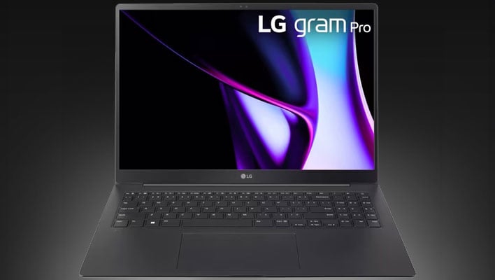 LG Gram Pro laptop on a black gradient background.
