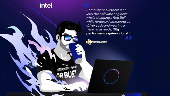 Intel graphics showing a coder wearing a shirt that reads, 'Big performance gains or bust' 