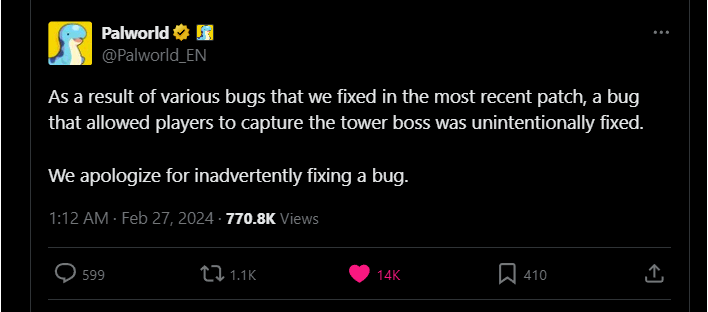 palworld bug apology tweet
