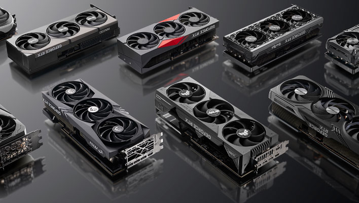 GeForce RTX 40 series graphics cards on a reflective gray surface.