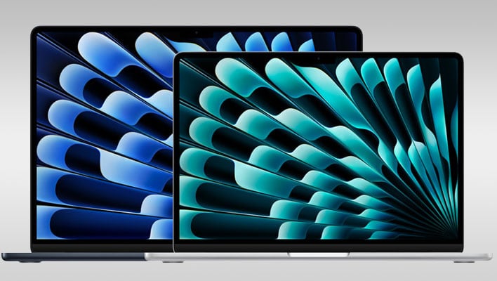 M3 MacBook Airs (13-inch and 15-inch) on a gray gradient background.