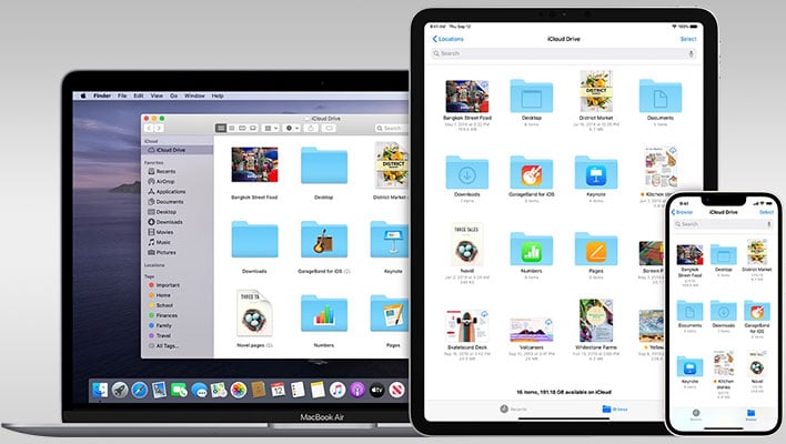 iCloud running a MacBook Air, iPad, and iPhone.