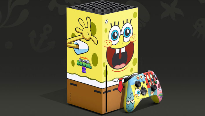 SpongeBob SquarePants themed Xbox Series X console with a themed controller