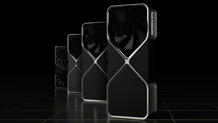 GeForce RTX 40 series grpahics cards standing vertically on a black background and tiled floor.