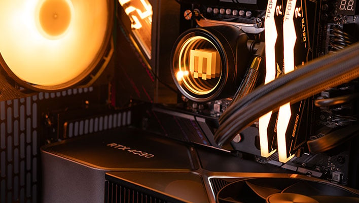 Closeup internal shot of Maingear's North series gaming PC with a GeForce RTX 4090 card installed.