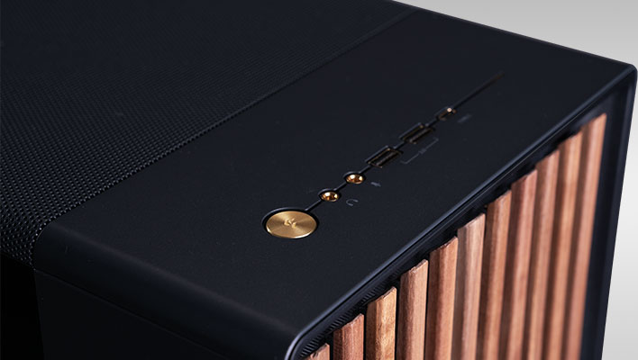 Top closeup shot of Maingear's North series gaming PC on a gray gradient background.