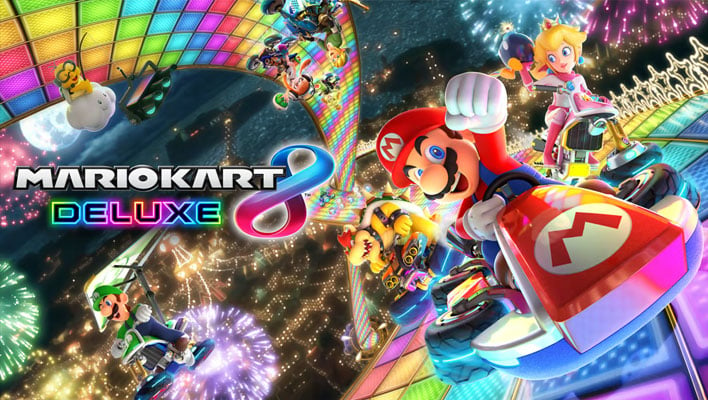 Mario Kart 8 Deluxe banner with Mario pumping a fist in the air.