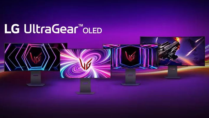LG UltraGear OLED gaming monitors on a purple background.