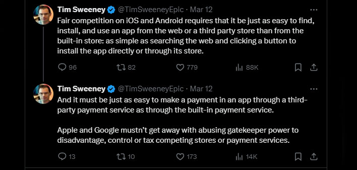 Tim Sweeney krytykuje Apple i Google na X/Twitterze.