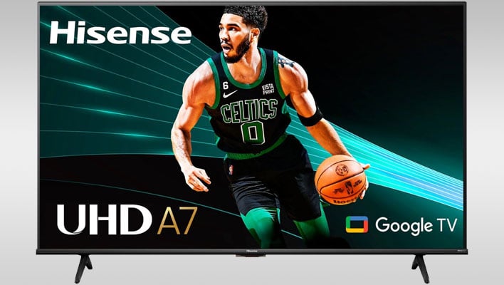 Hisense A7 TV with Jayson Tatum dribbling a basketball on the screen.
