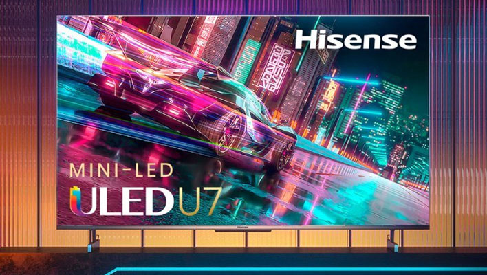 Hisense U7 mini LED TV with ambient lighthing behind it.