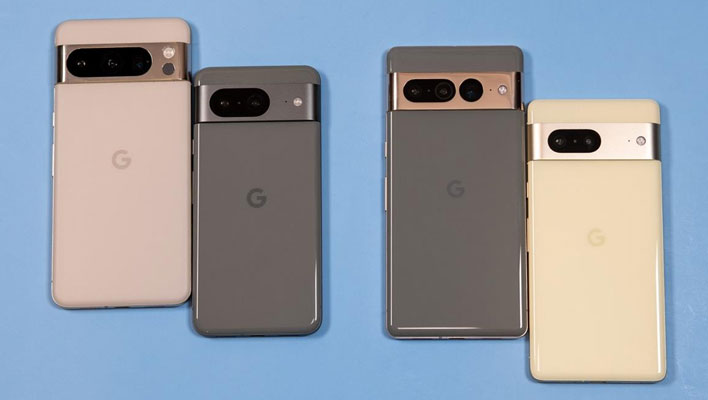 Back views of the Pixel 8 and Pixel 8 Pro on a blue background.