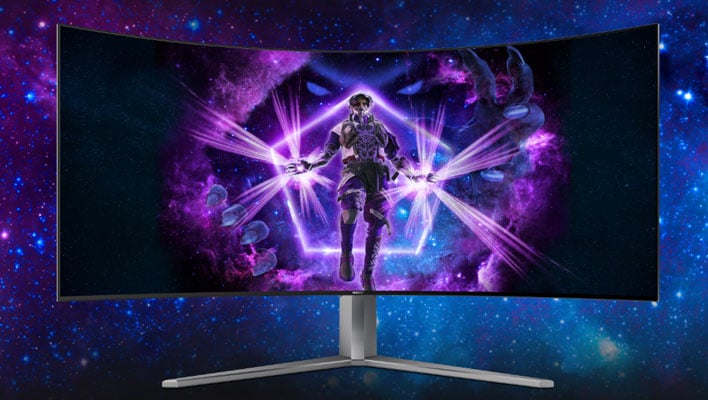 AOC Agon Pro AG456UCZD OLED monitor on a starry/space background.