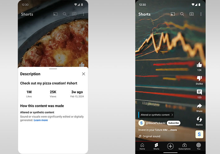 Images of YouTube videos with a new altered content label.