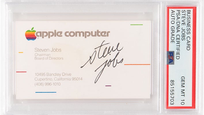 Apple business card signed by Steve Jobs, for auction at RR Auctions.