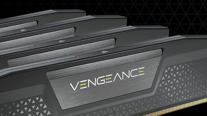 Closeup of Corsair's Vengeance DDR5 RAM on a black background.